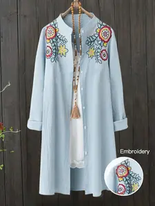 Plus Size Women's Spring & Fall New Arrival Mid-Length Embroidered Open Front Shirt, Casual Fashionable Long Sleeve Top