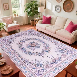 PLUMLIK Pink Butterfly Print Area Rug For Living Room, Soft Low Pile Area Rug, Non Slip Decorative Carpet For Bedroom, Washable Rugs, Home Decor, Ideal For High Traffic Areas, Gift For Mother's Day, Easter Housewarming non-shedding boho large carpet rug