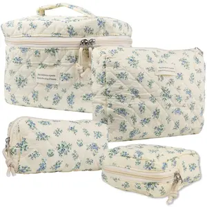 Cute Makeup Bag for Women(4 Pcs), Travel Cosmetic Bags, Quilted Coquette Aesthetic Floral Toiletry Organizer Bag