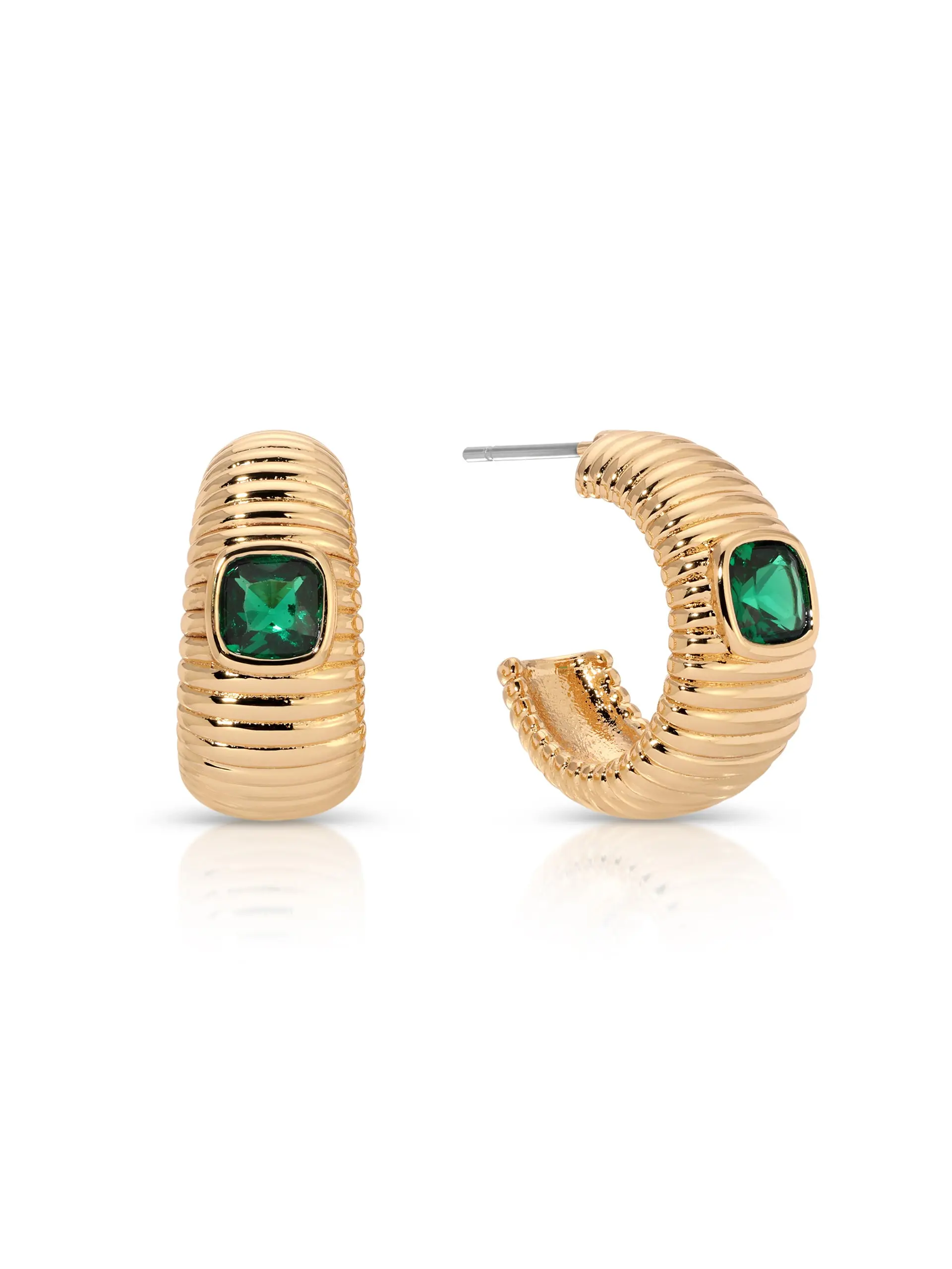 Ettika Ribbed Emerald Medium Hoops Earrings 18k Gold Plated Brass Cubic Zirconia Post Closure Fashion Jewelry