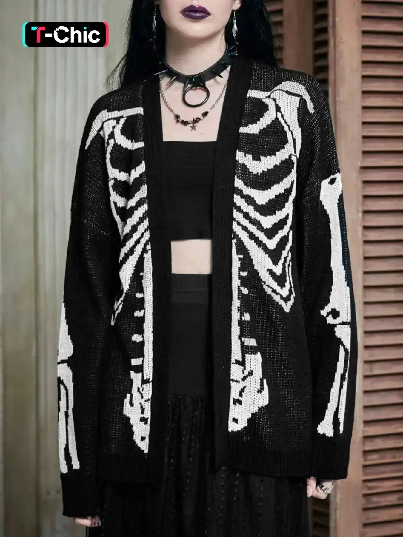 Women's Skeleton Print Drop Shoulder Knitted Cardigan, Casual Style Knitting Long Sleeve Open Front Knitwear for Fall & Winter, Women's Clothing for Daily Wear Cardigans for Women, Halloween, Knitting Sweater Cardigan