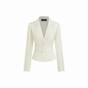 Cider V-neck Solid Buckle Long Sleeve Cropped Blazer With Belt