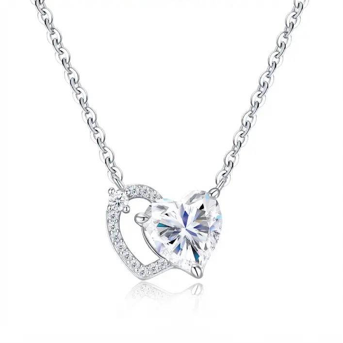 KINORA S925 Sterling Silver Double Heart Moissanite Pendant Necklace for Women | 2 Carat Heart-Shaped Diamond Inlaid Cross Chain Luxury Birthday Gift