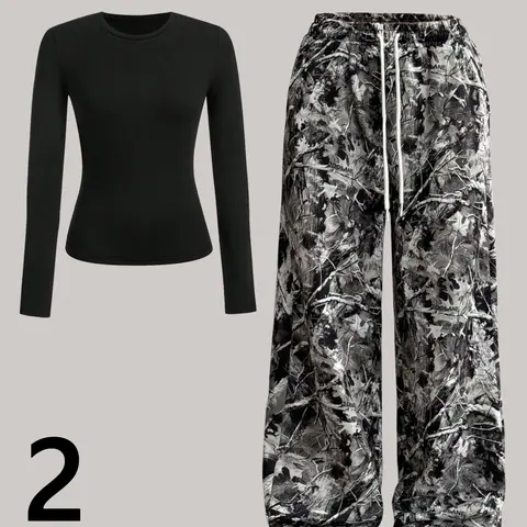 Women's Plain  Top & Camo Print Wide Leg Pants Two-piece Set, Casual Fashion Cozy Round Neck Long Sleeve Top & Trousers for Daily Outdoor Wear, Ladies Clothes for All Seasons