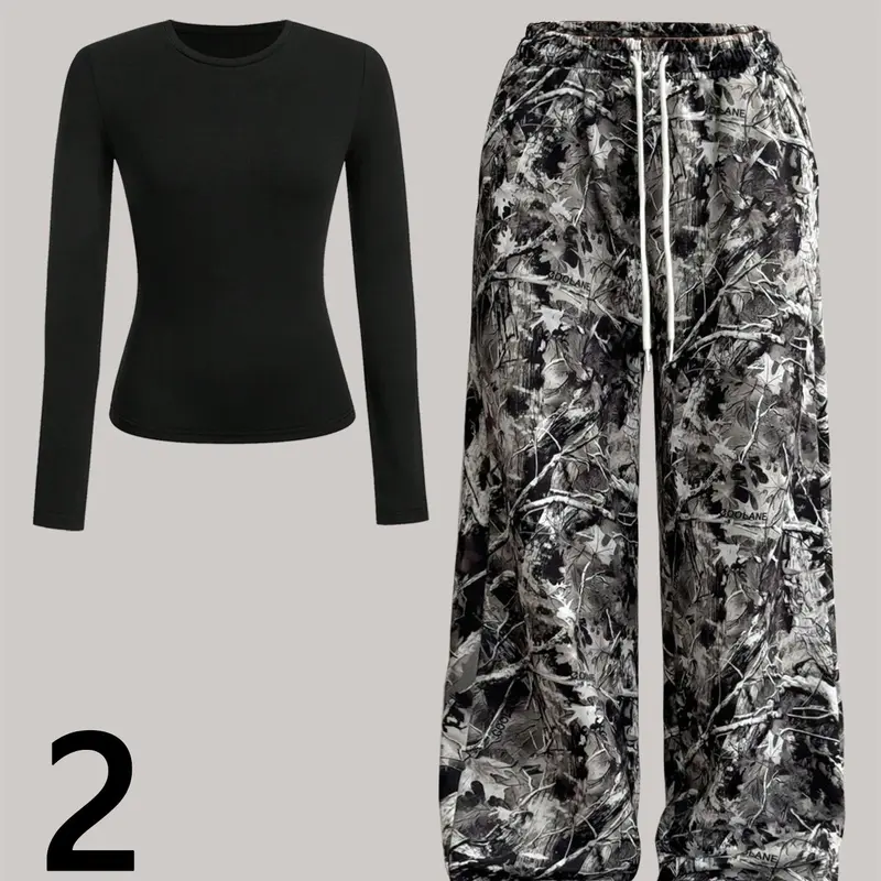 Women's Plain Top & Camo Print Wide Leg Pants Two-piece Set, Casual Fashion Cozy Round Neck Long Sleeve Top & Trousers for Daily Outdoor Wear, Ladies Clothes for All Seasons
