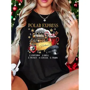 Women's Polar Express Christmas Movie T-Shirt with Train & Characters Print - 100% Cotton Crew Neck Short Sleeve Blush Pink Tee - Festive Holiday Party Outfit for Movie Nights & Themed Events - Machine Washable Fan Apparel