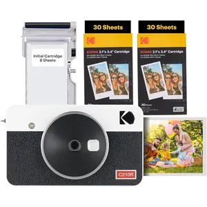 Mini Shot 2 Retro 4PASS 2-in-1 Instant Digital Camera and Photo Printer (2.1x3.4 inches) Initial 8 Sheets + 60 Sheets Bundle, White