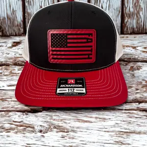 Richardson 112 Faith American Flag Hat - Red & Black Trucker Cap with Patriotic Design