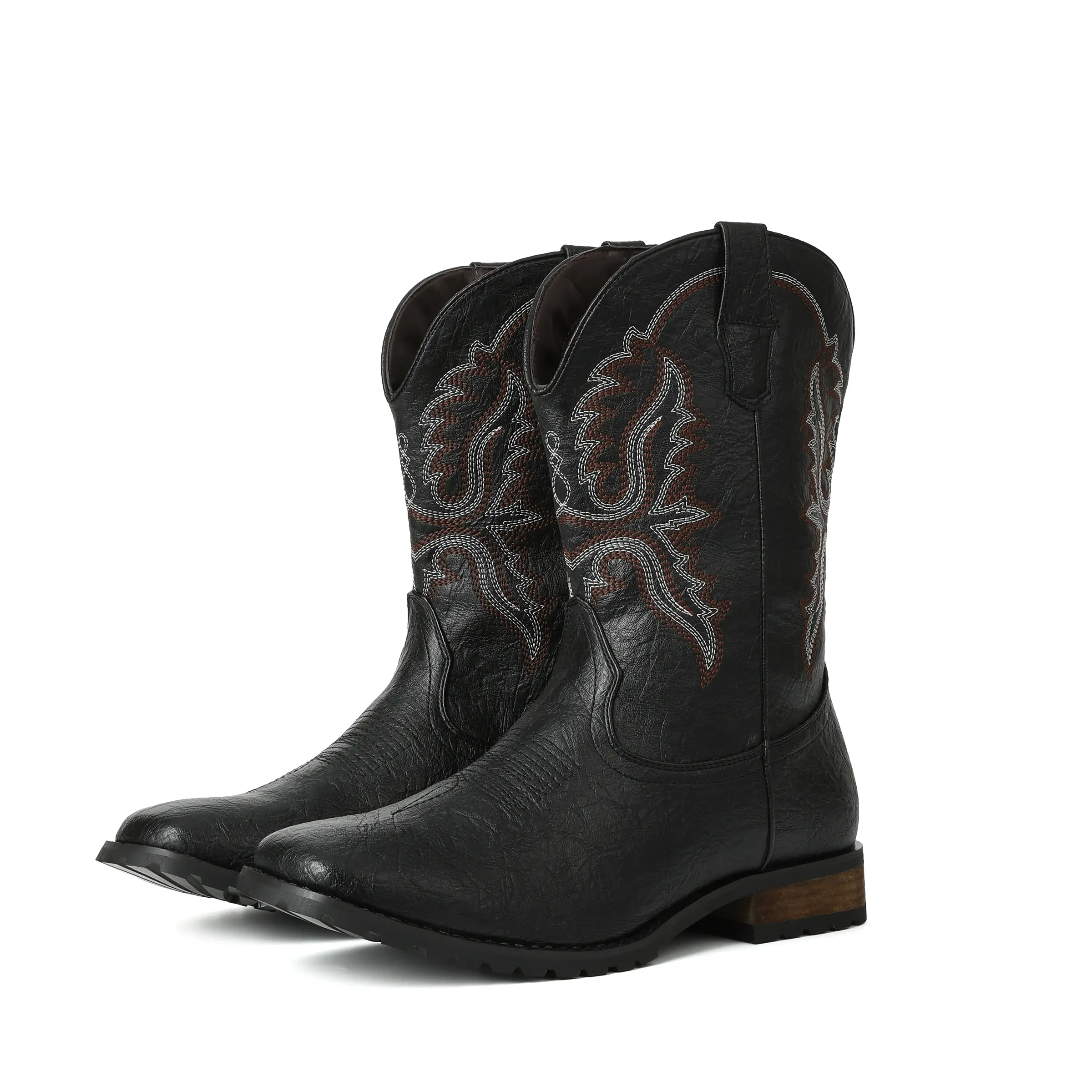 Square Toe Cowboy Boots Traditional Retro Western Boots Easy-On Country Boots Non-Slip Durable Embroidered Work Boots for Men