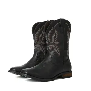 Square Toe Cowboy Boots Traditional Retro Western Boots Easy-On Country Boots Non-Slip Durable Embroidered Work Boots for Men