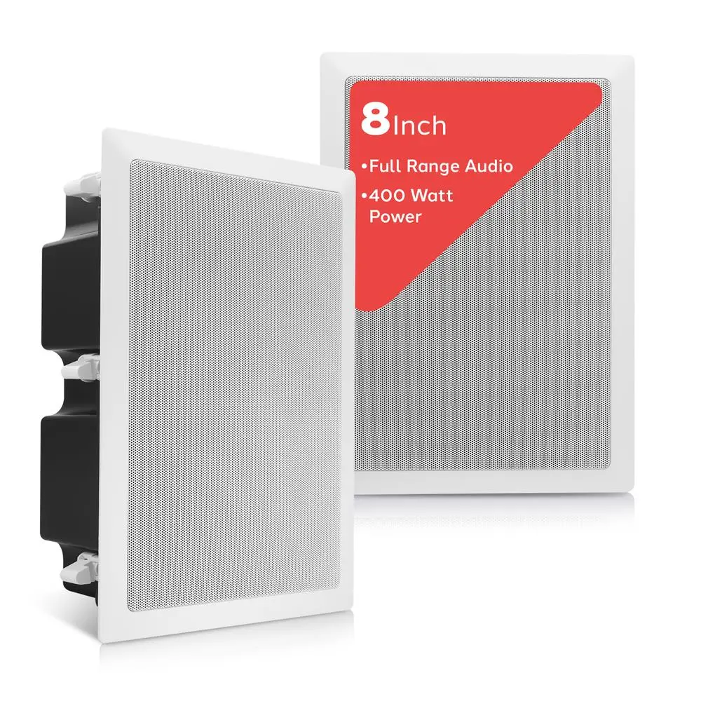 Ceiling Wall Speaker 400W Deep Bass 8" Woofer Flush Mount White | 2-Way Enclosed Full Range Stereo Sound System with Vented Design - Home Theater Audio System - Easy Install Cut-Out Template Included