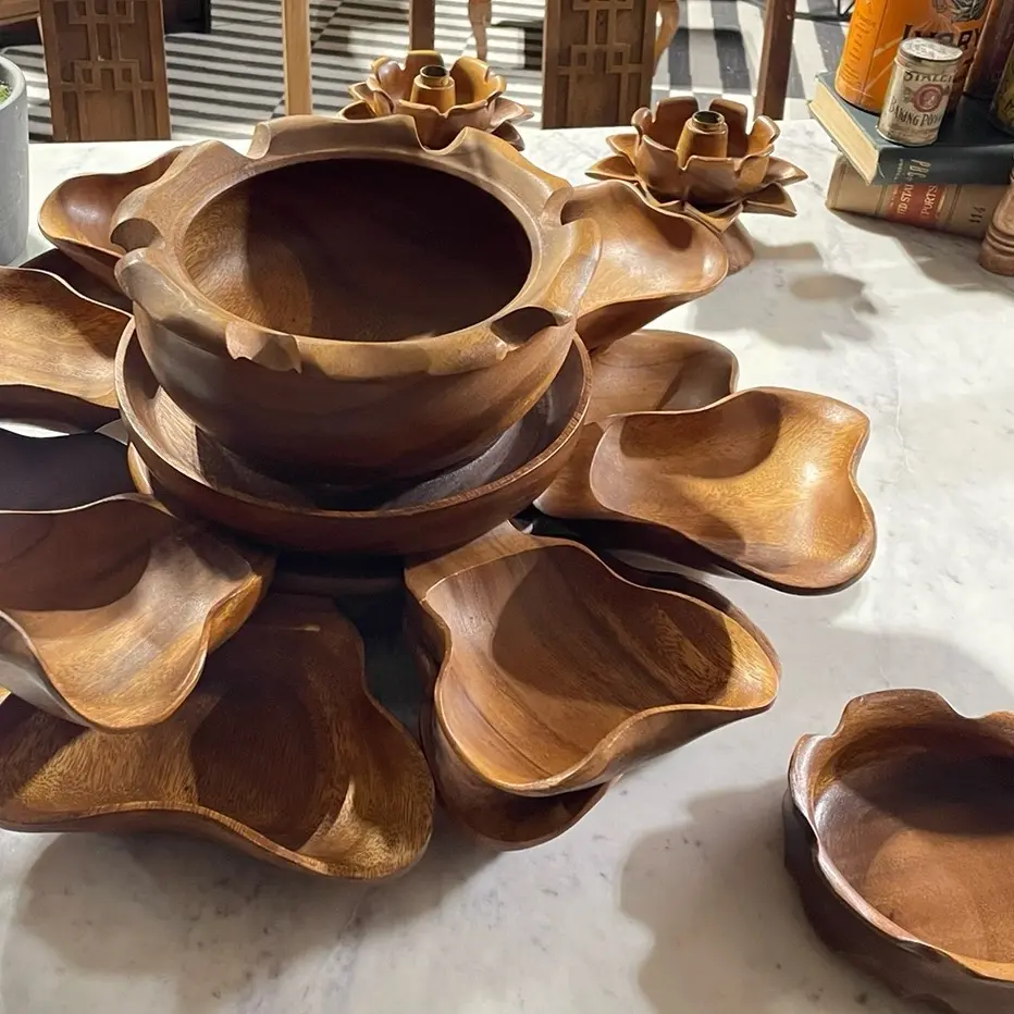 Mid Century Monkeypod Wood Serving Set Tableware Bowl Wooden Aesthetic
