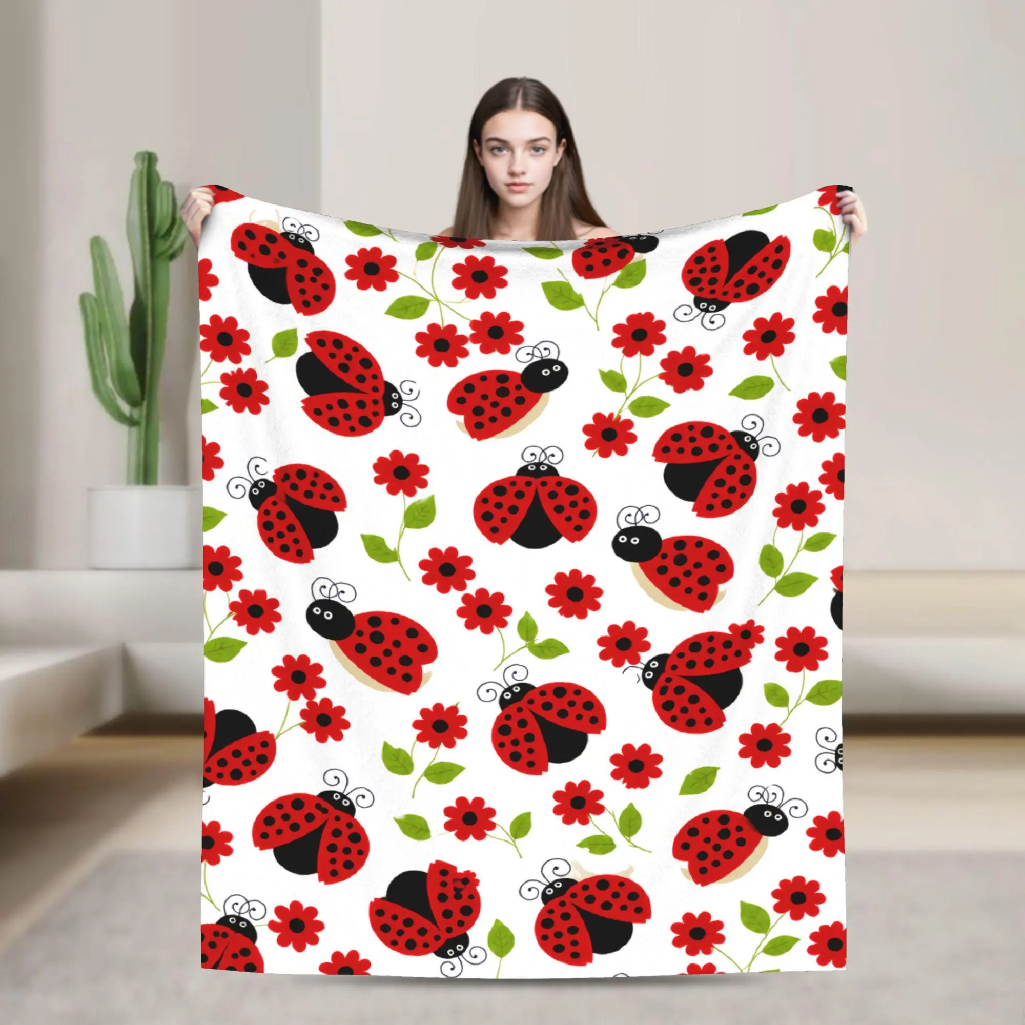 Anti-Pilling Cotton Flannel Blanket, Retro Ladybug Full-Width Print, Soft Comfortable Lightweight White with Red-Black Pattern, All-Season Multi-Functional for Sofa Bed, Glam Look Home Decoration Gift