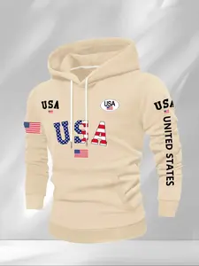 Men's American Flag Print Long Sleeve Hoodie, Unisex Casual Fitted Hooded Sweatshirt, Fall Winter Fashion Sporty Style, Student Couple Wear