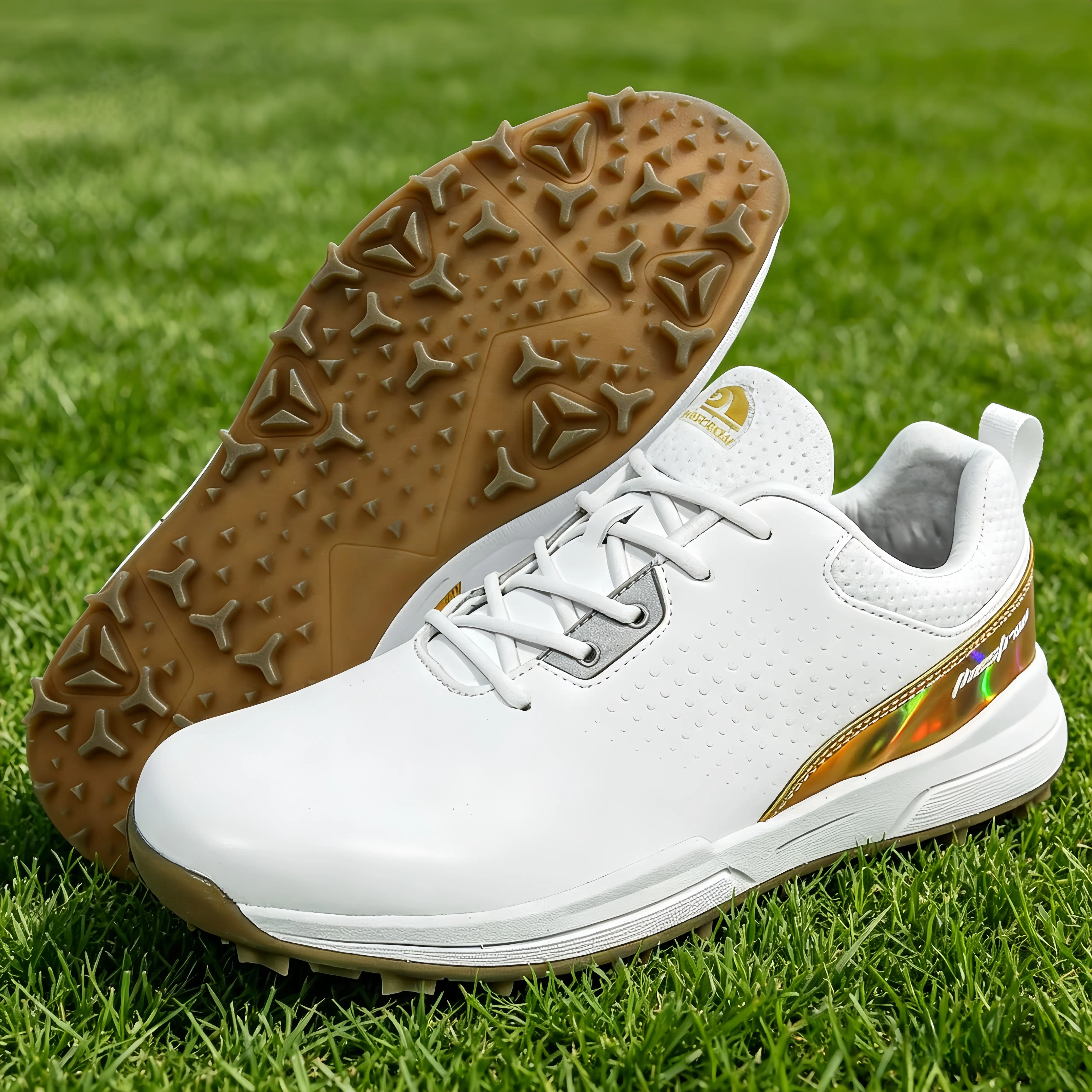 Men's Professional Athletic Golf Shoes - PU Upper, Lace-Up Closure, Spikeless Sole, Sporty Style, Comfortable Design, Walk Support, All-Season Stable Footing, Ideal for Male Outdoor Golfing & Casual Play