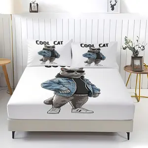 Trendy and Cool Cat Pattern Printed Bed Sheet, Including 1 Bed Sheet and 2 Pillowcases, Non slip Dust Cover Suitable for Bedroom and Guest Room, Suitable for Personal Use or Gift Giving