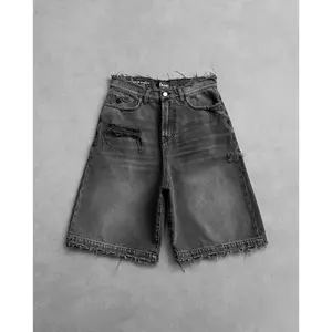Men Y2k Black Punk Washed Baggy Work Shorts Men Women Fashion Hip Hop Ripped Hole Denim Shorts Vintage Raw Edge Streetwear Jean Pants