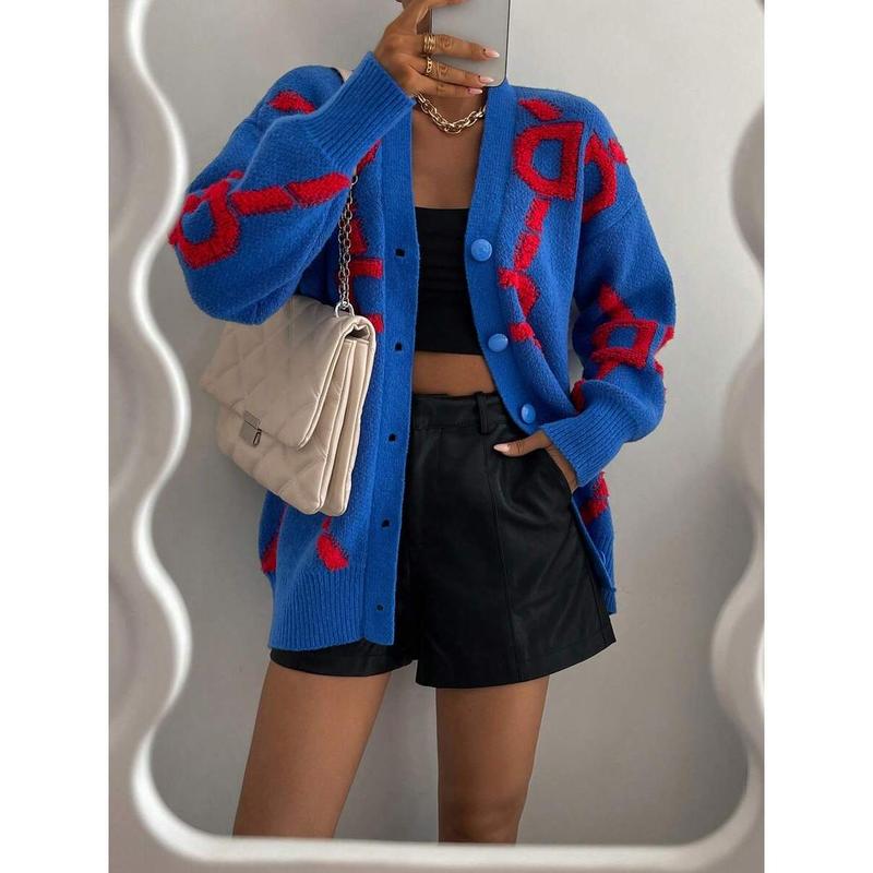 Letter Pattern Drop Shoulder Cardigan,Long Sleeve Tops Fall Winter Cloth For Women Fabric Fit