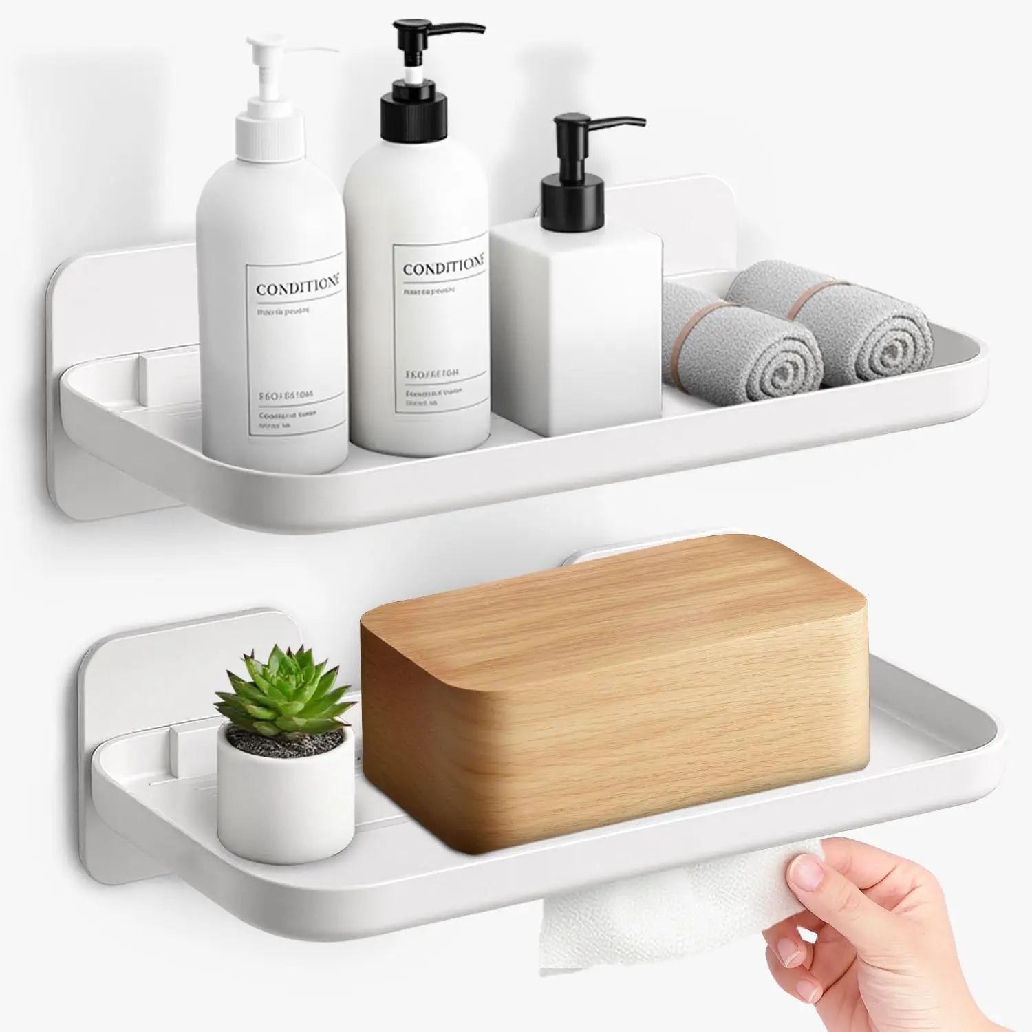 2pc Wall Mounted Floating Shelf, Self Adhesive Small Shelf, No Drill Adhesive Wall Shelf, Floating Shelves Damage-Free Expand Walls Space for Living Room Kitchen Bathroom (White)