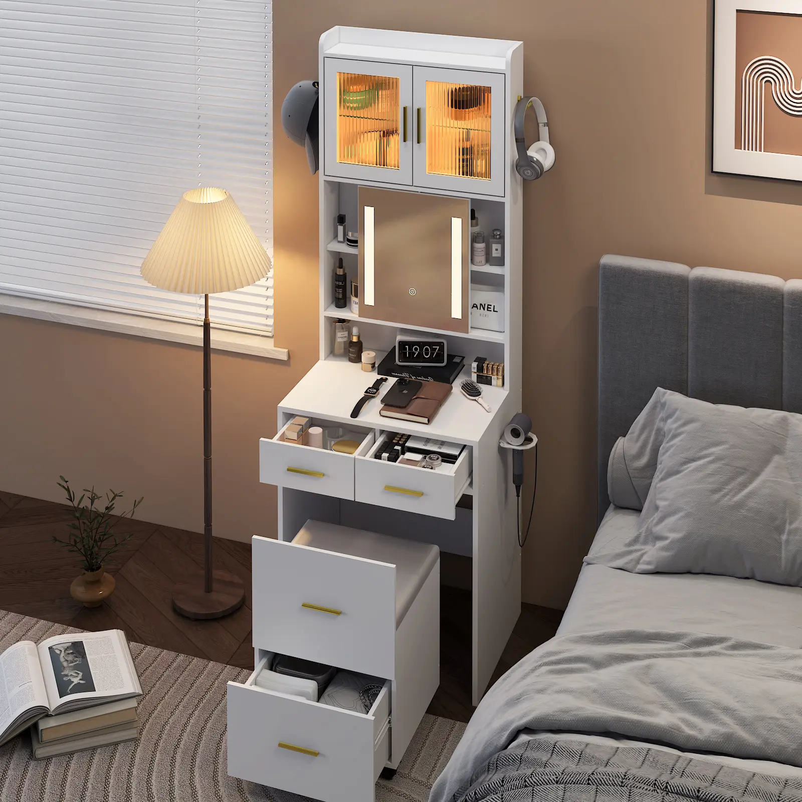 LED-Lit Glass Makeup Vanity Organizer - Compact Rectangular Vanity Desk Design with Sliding Mirror, Charging Station, Storage Shelves, Hidden Storage Rolling Stool, Space-Saving Corner Furniture for Small Spaces, Bedroom Use