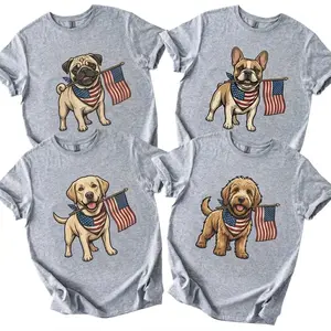 Gildan Patriotic Dog T-Shirt - 20 Breeds Available - American Flag Bandana & Mini Flag Design - Cute Dog Lover Gift - Unisex Heather Grey Tee