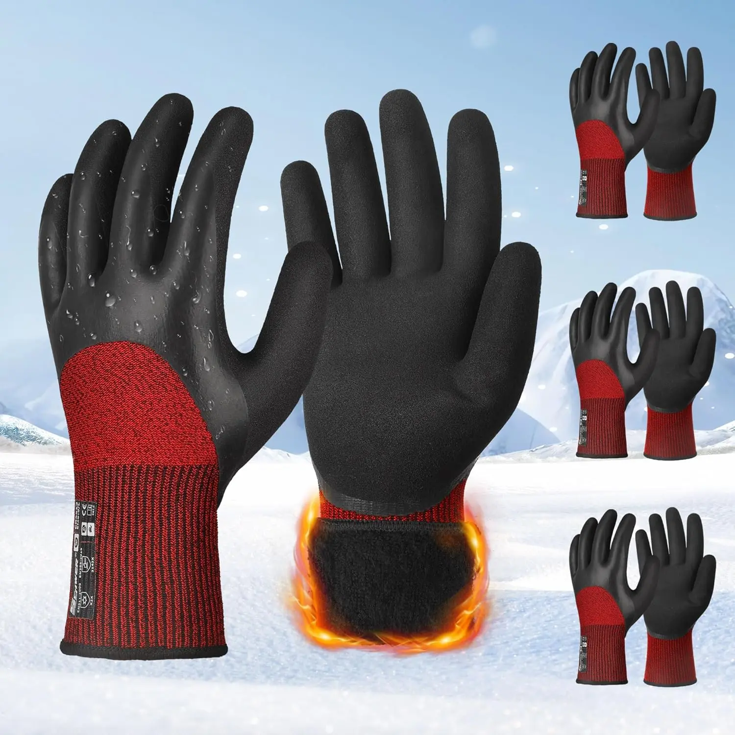 Schwer 3 Pairs Winter Work Gloves with 3/4 Double-Dipped Latex Coating, Thermal Insulated Gloves with Grip & Abrasion Resistance, Flexible & Comfortable, Used for Cold Weather, Freezer, CR3313