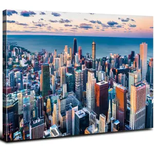 Chicago Skyline Wall Art USA City Building Wall Decor for Living Room Realism Chicago Picture Blue Cityscape Poster Panorama Canvas Prints Modern Artwork Bedroom Office Kitchen Home Decorations 
