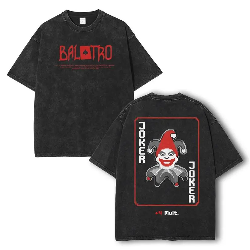 Balatro Joker Pixel Art Double-Sided T-Shirt – Vintage Oversize Unisex Tee, Indie Card Game Inspired Streetwear tee unisex heavyweight cotton t-shirt washed vintage t-shirt Casual Menswear