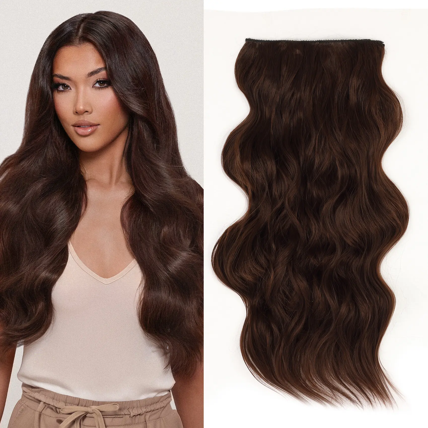 Qbeauty Chocolate Brown Curly Clip-In Extensions Hair, 4PCS Long Curly Wave Synthetic Hair Extensions, Thick Double Weft Hairpieces for Women, Natural-Looking Fashion Accessory, Curly Wave Extensions