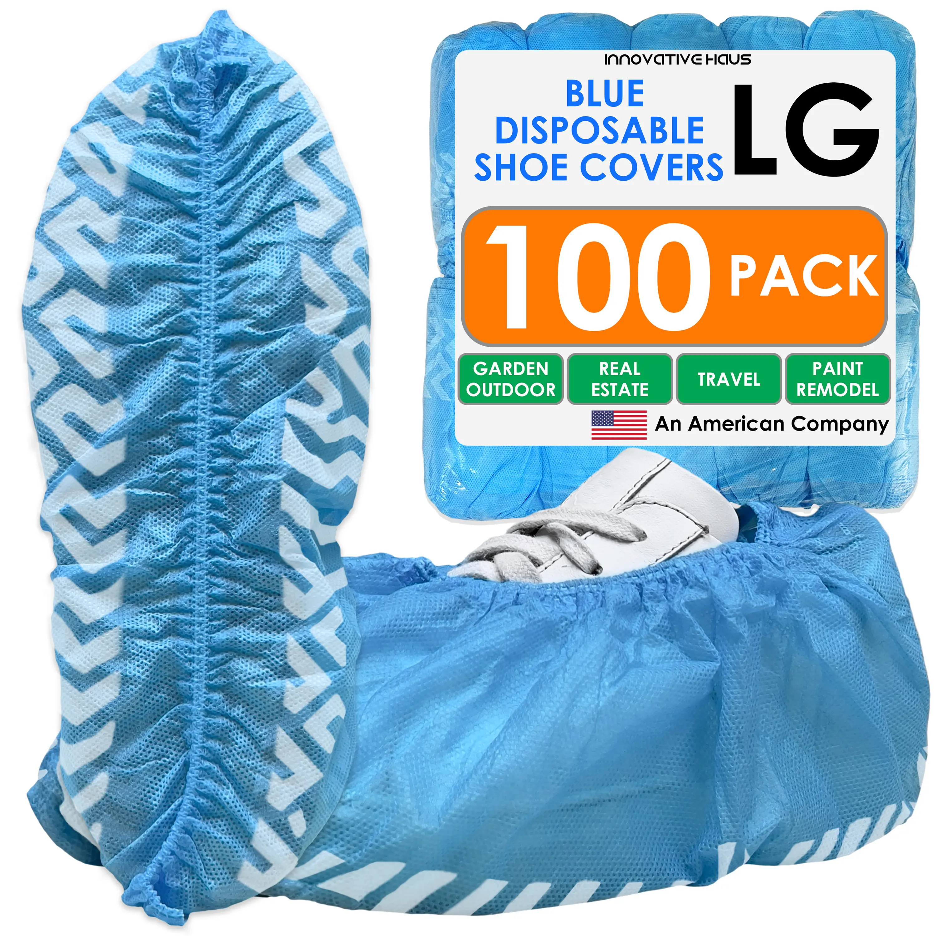 Innovative Haus Premium Thick Large Disposable Boot & Shoe Covers | Durable, Non-Slip, Treads, Water Resistant, Non-Toxic, 100% Latex Free | Stronger than Competitor-40 grams |100-Pack Blue|