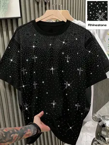 Cross Rhinestone Graphic Tee, Casual Fitted Long Top, All-Season Wearable Unisex Clothing, Moderate Fabric Thickness