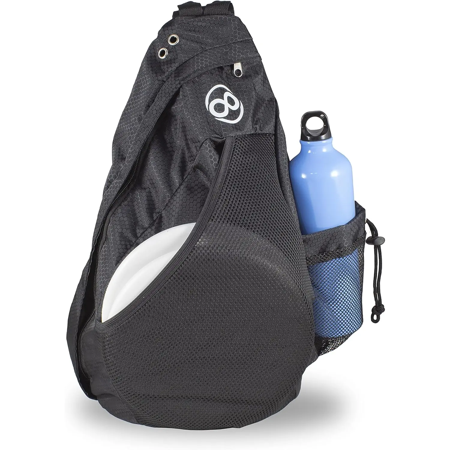 INFINITE DISCS Slinger Blue Disc Golf Bag, Lightweight Crossover Sports Backpack with Padded Adjustable Strap, Holds 10-12 Discs, Putter Pouch, Drink Holder, Pockets, Double Eye-Hole, Compact Unisex for Beginners & Experienced Players for Rounds