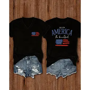 American Independence Day Letter Print V-Neck Fashion Women's Short Sleeve Shirt