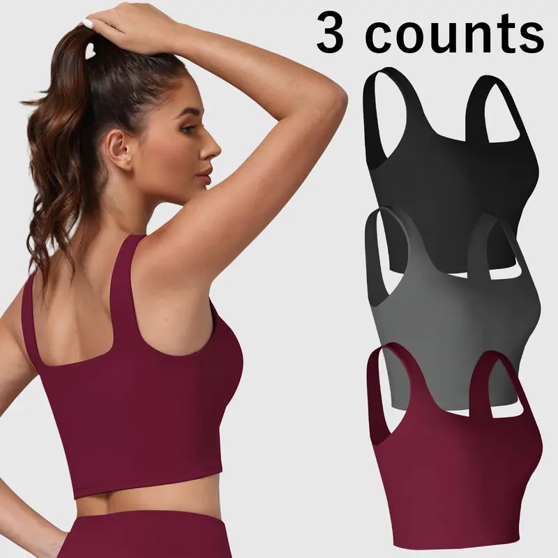 Women’s 3-Pack Knitting Activewear Gym Fit Sports Bras - Square Neck, Wide Shoulder Straps, Removable Padding, Quick Dry Wicking Fabric, for Spring Summer Yoga, Running Outdoor Sports