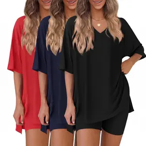 3 Pack Women's 2 Piece Outfits Summer V Neck Oversized T-Shirt and Biker Shorts Lounge Sets Casual Activewear