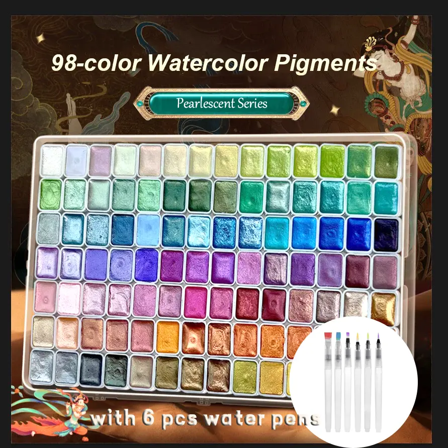 98-Color Metallic Watercolor Paint Set with 6 Water Pens High Solid Pigment Starry Sky Tones Portable Lightweight Ideal for Artists Perfect Christmas Gift for Creative Enthusiasts