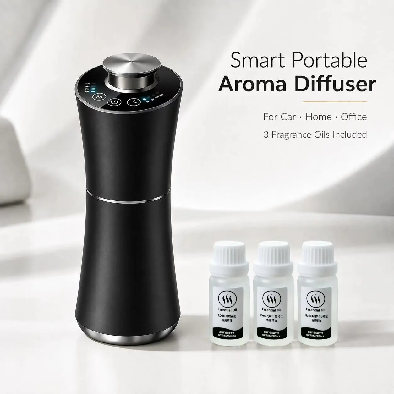 Waterless Essential Oil Diffuser, 2000mAh Rechargeable Portable Nebulizer, Auto Start‑Stop Aromatherapy Scent Machine for Car Home Office, Gift, 3×10ml Fragrance Oils Included