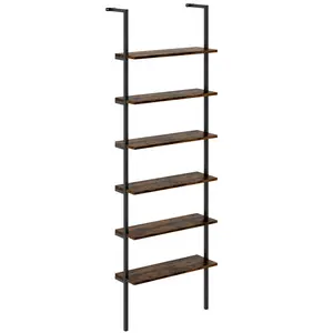 COSTWAY - 6-tier Ladder Shelf 72 Inches Industrial Wall Mounted Bookshelf-Rustic Brown