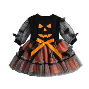 Kid Toddler Baby Girl Halloween Outfit 6 12 18 24 Months 2T 3T 4T Long Sleeve Pumpkin Bat Tulle Tutu Dress Cute Halloween Baby Clothes