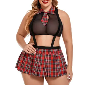 Avidlove Plus Size Schoolgirl Lingerie for Women Lingerie Roleplaying Outfit with Tie Top and Mini Skirt