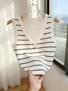 French Minimalist Style V-Neck Striped Knit Sleeveless Top, American Casual Fashion, Comfortable Daily Wear, Relaxed Fit