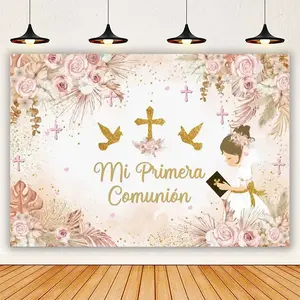 My First Communion Backdrop Girl Boy Baby Shower Birthday Party Decor Baptism Gold Cross God Bless Photography Background