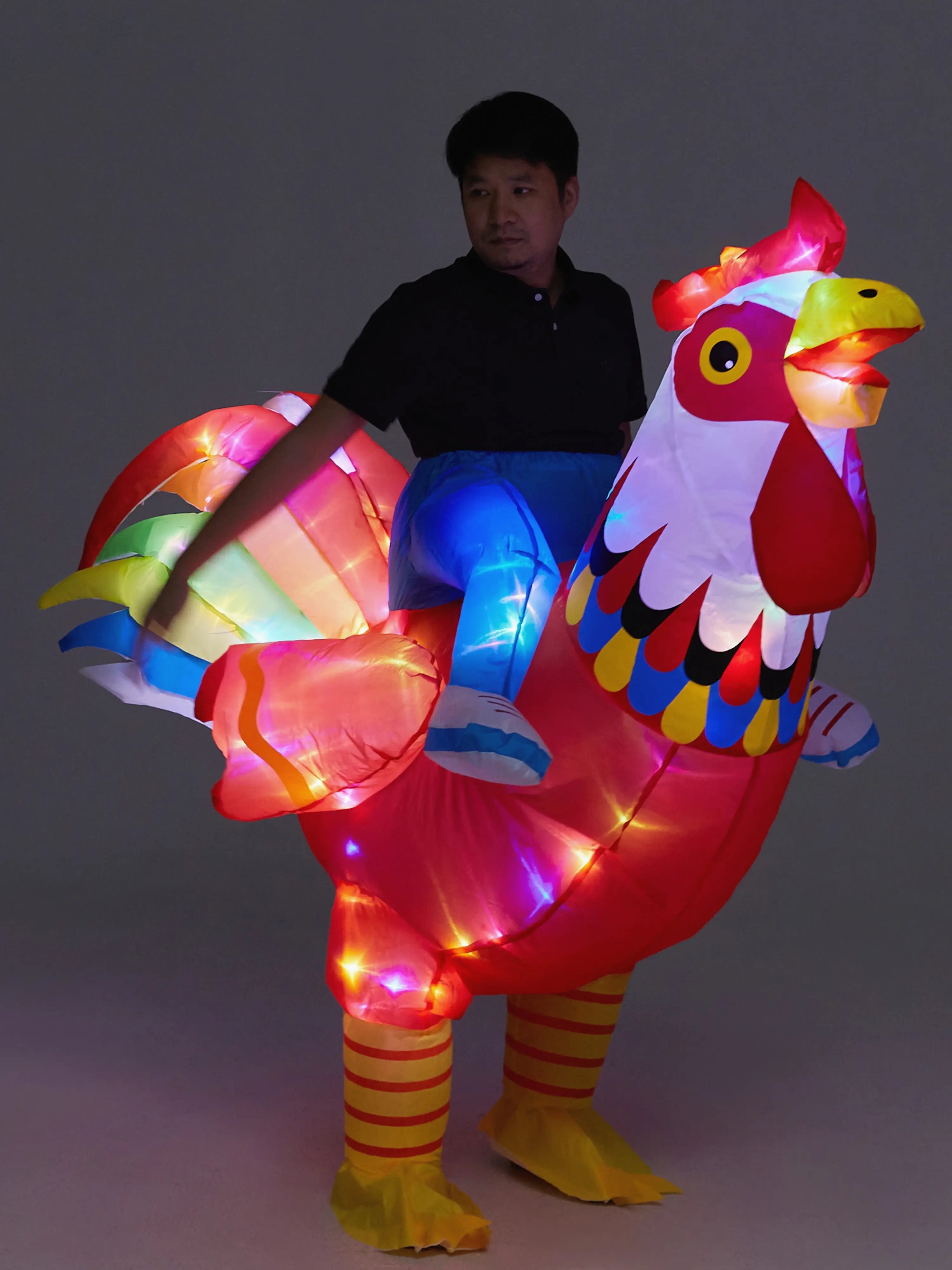 Halloween Inflatable Chicken Costume LED Light Up Ride On Rooster Adult, Funny Chicken Suit with RGB Color Changing Lights, Music Sync Party Costume for Halloween, Christmas, Festival, Birthday, Party