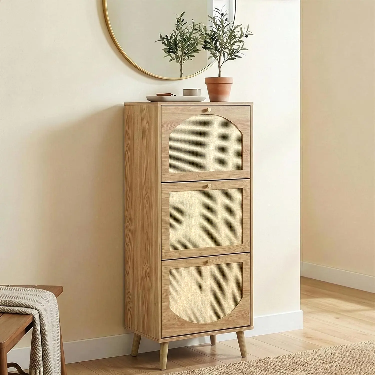 【Father's Day Gift】Shoe Rack Storage Organizer, Rattan-Panel 3-Tilt-Out Shoe Storage Cabinet, Hidden Shoe Storage for Entryway,Ideal for Heels,Slippers,Casual Shoes,Natural Wood Finish