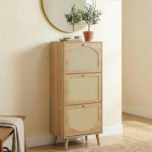 Shoe Rack Storage Organizer, Rattan-Panel 3-Tilt-Out Shoe Storage Cabinet, Hidden Shoe Storage for Entryway,Ideal for Heels,Slippers,Casual Shoes,Natural Wood Finish