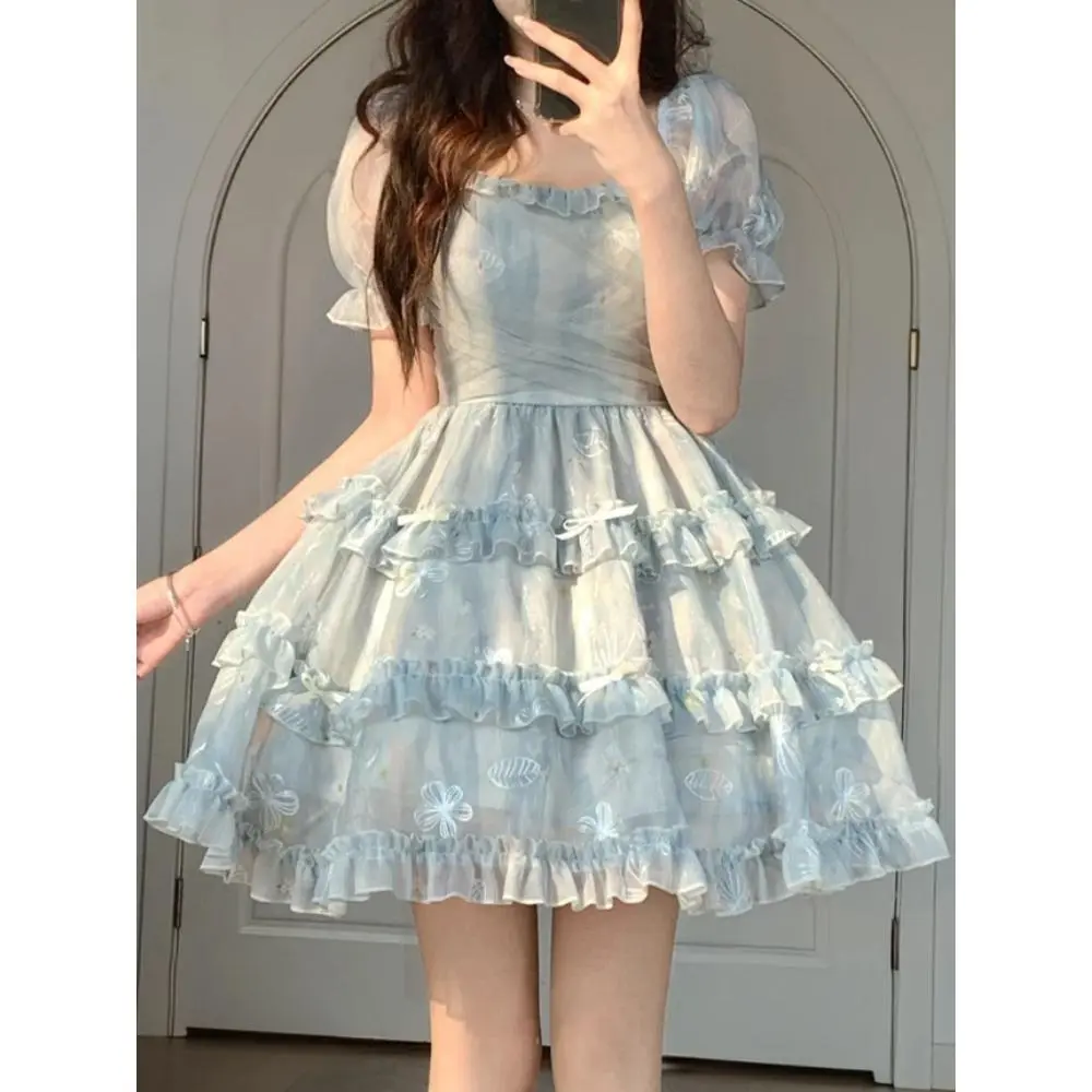 New Harajuku Sweet Bow Cake Dress Women Japanese Kawaii Fluffy Princess  Short Sleeve Dresses Aesthetic Elegant Y2k Slim Clothing - TikTok Shop