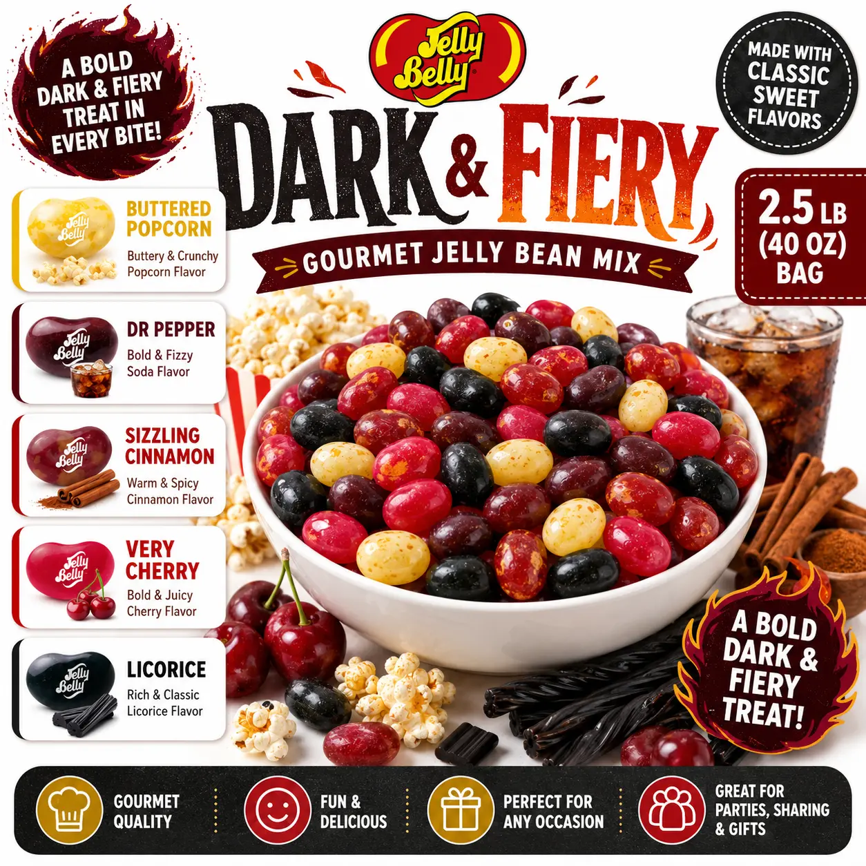Jelly Belly Dark & Fiery Gourmet Mix 2.5lb Bulk - 5 Premium Flavors (8oz Each) | Buttered Popcorn, Dr Pepper, Sizzling Cinnamon, Very Cherry, Licorice | Gourmet Candy Scoops for TikTok Candy Salad, Snack, Sweet