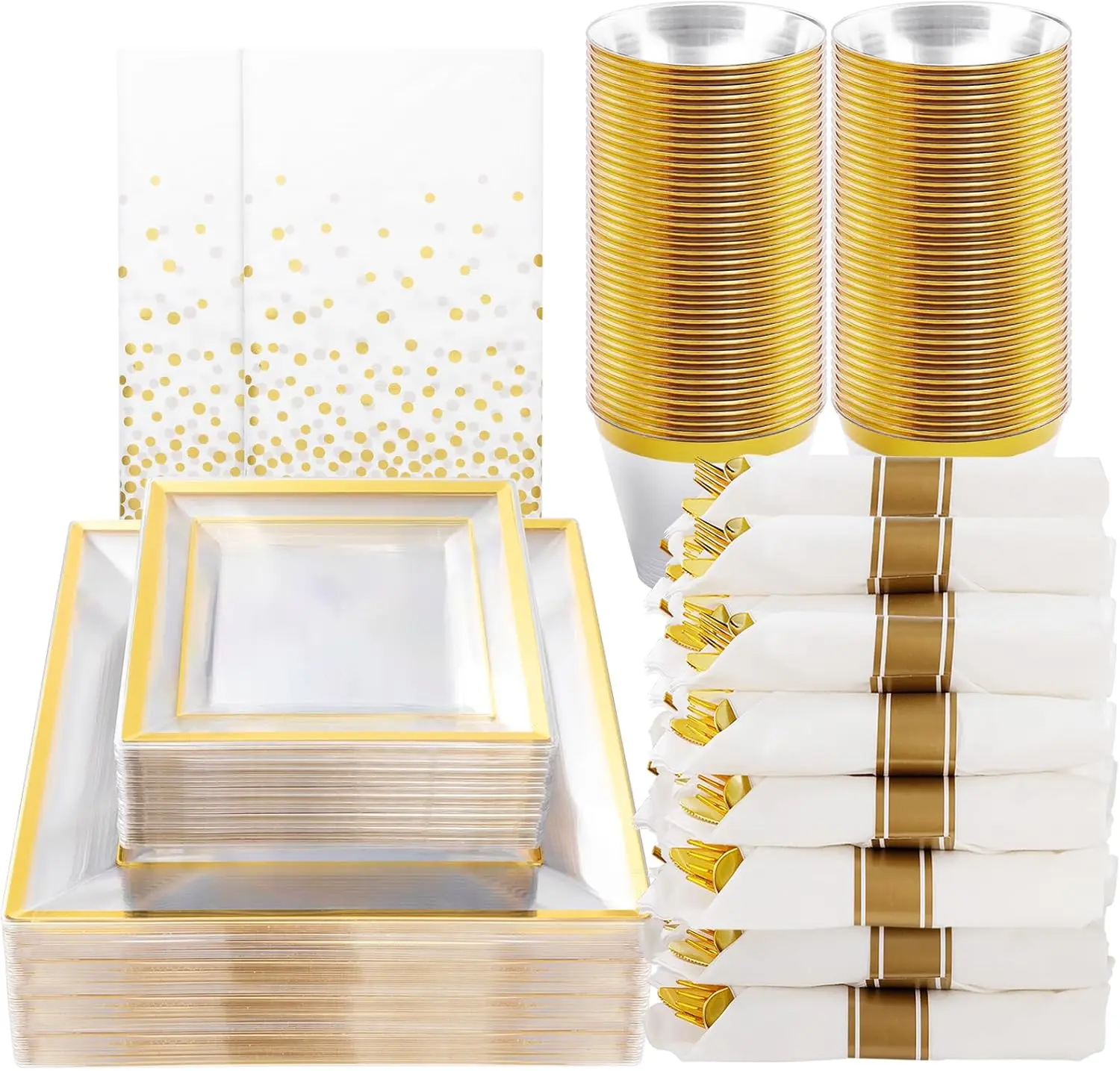 352 Pcs Clear Square Plastic Plates with Gold Trim for 50 Guests | Gold Dinnerware Sets Include 100 Gold Plastic Plates, 50 Rolled Napkins, 50 Cups, 50 Cutlery Sets and 2 Tablecloths for Party