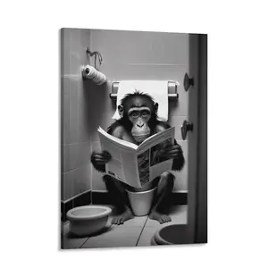Fun Gorilla Bathroom Canvas Wall Mural Poster, Cute Monkey Using The Toilet Poster, Black And White Animal Poster, Maximalist Medieval-Modern Aesthetic Wall Decoration.