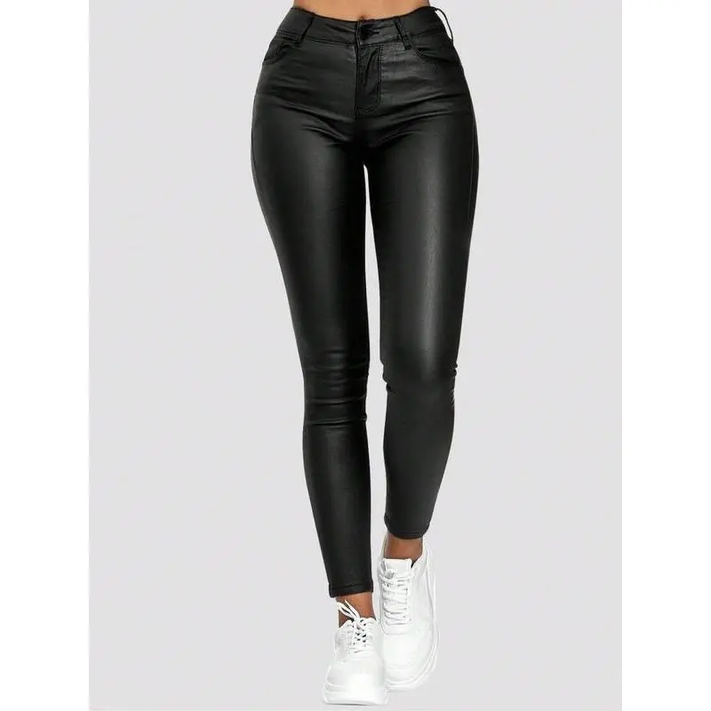 NewRave Solid High Waist Slant Pockets PU Leather Party Skinny Pants Can be used with raincoat